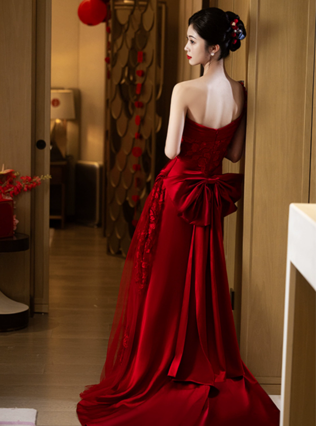 Burgundy Mermaid Long Formal Dress Satin Lace Evening Dresses