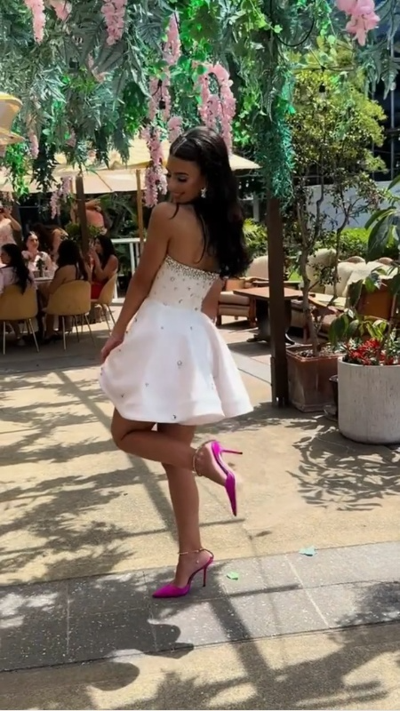 White Strapless A Line Unique Homecoming Dress Sparkly Party Dress