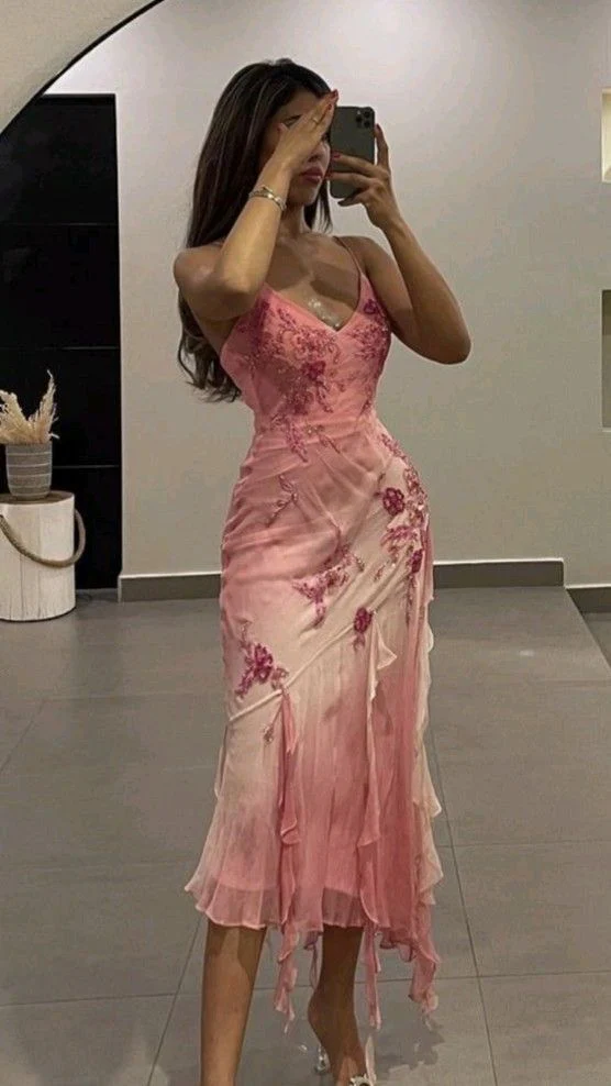 Sheath Spaghetti Straps Pink Chiffon Knee Length Prom Dresses Evening Dress