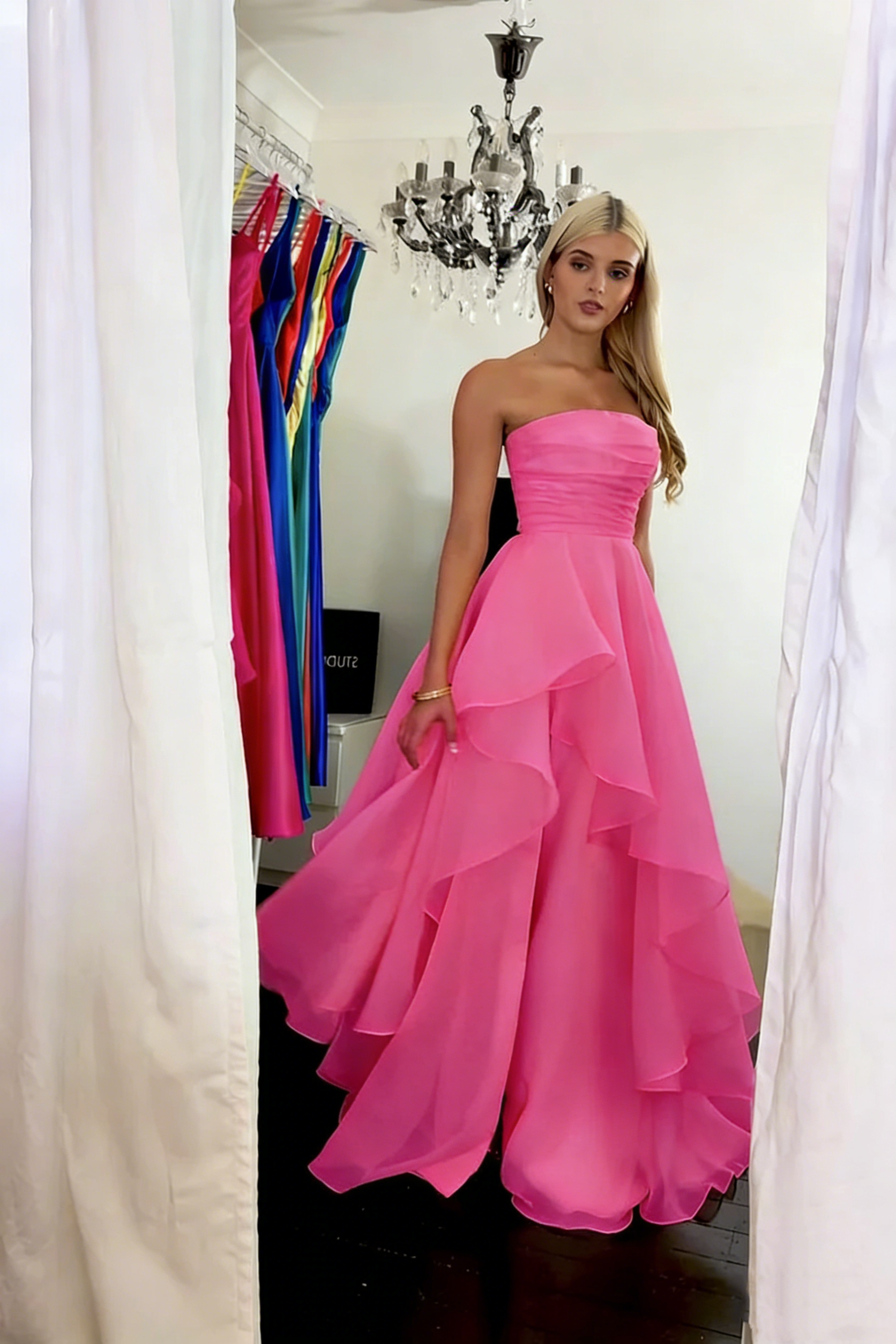 Classy Strapless Yellow Satin Tulle Slit Long Prom Dress Formal Birthday Party Dress