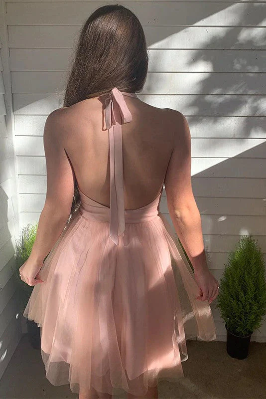 Tulle Short Pink Deep V Neck Backless Homecoming Dress