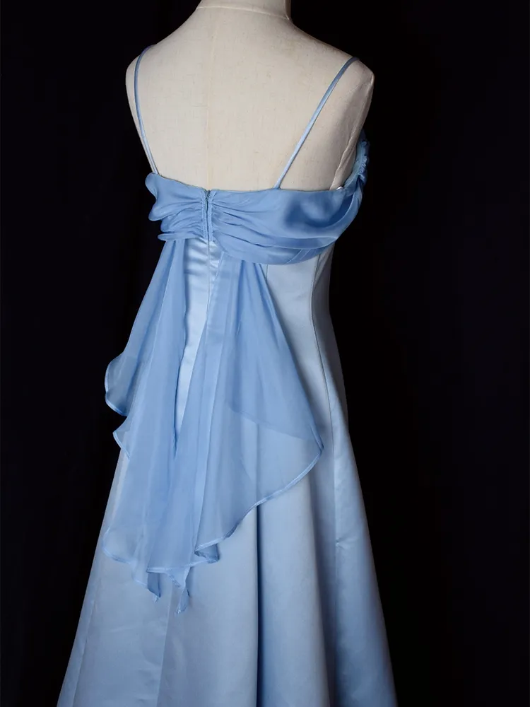 Elegant Blue Spaghetti Straps Long Party Dress A Line Prom Dress