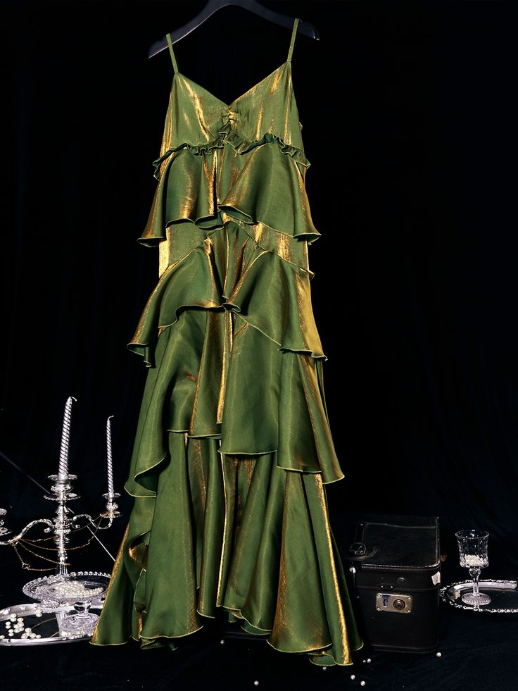 Green V-Neck Tiered Flounce Long Prom Dress Party Dress