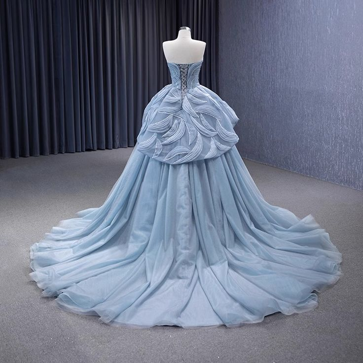 High-End Blue Beading Tulle Cascading Ruffles Prom Dress New Ball Gown