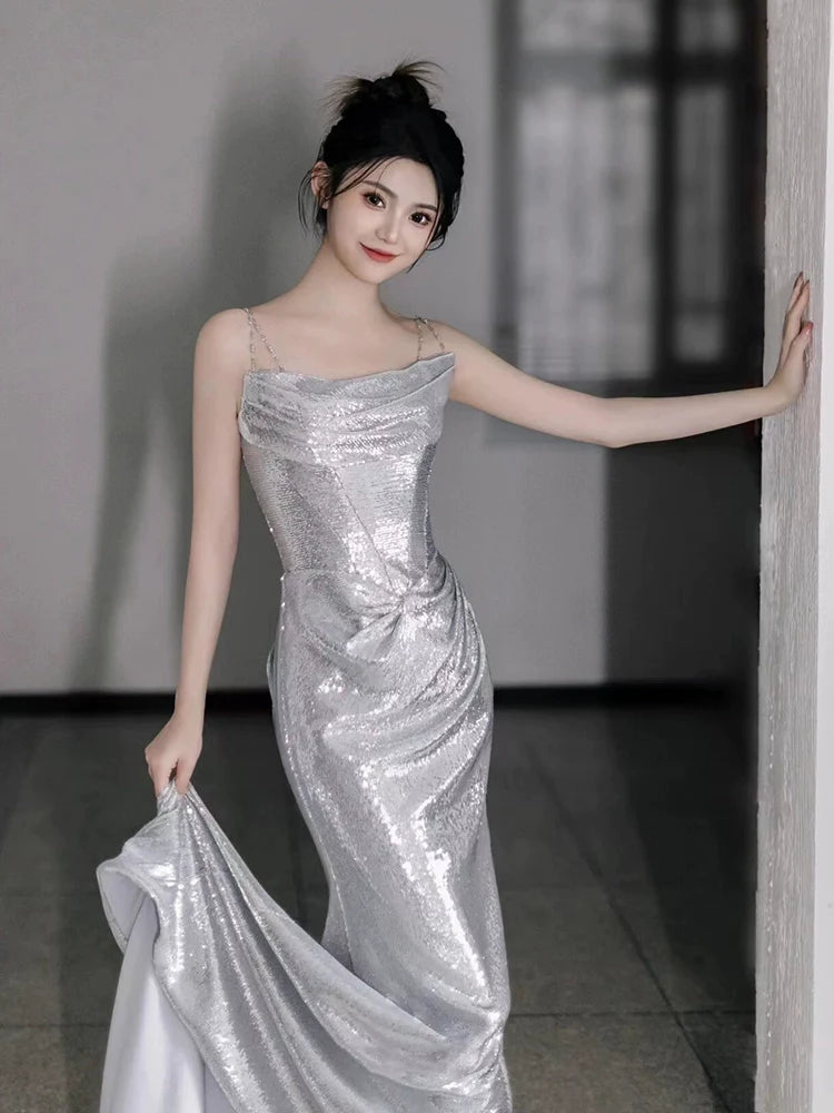 Silver Sequin Mermaid Long Prom Dress Sexy Evening Dresses