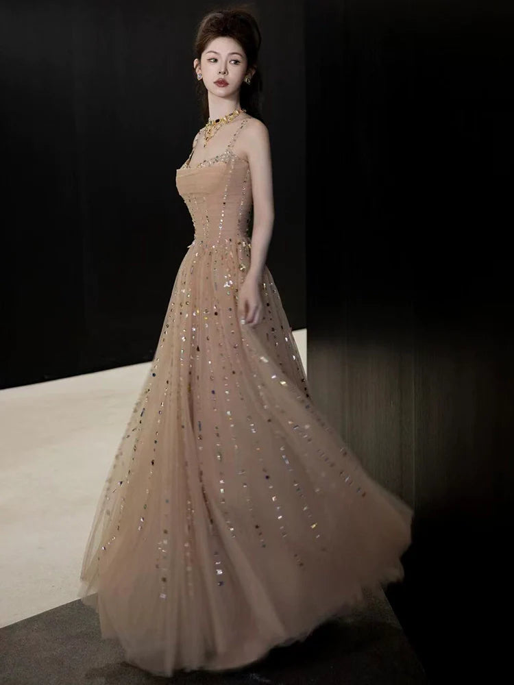 A Line Champagne Long Prom Dress Sexy Evening Dresses