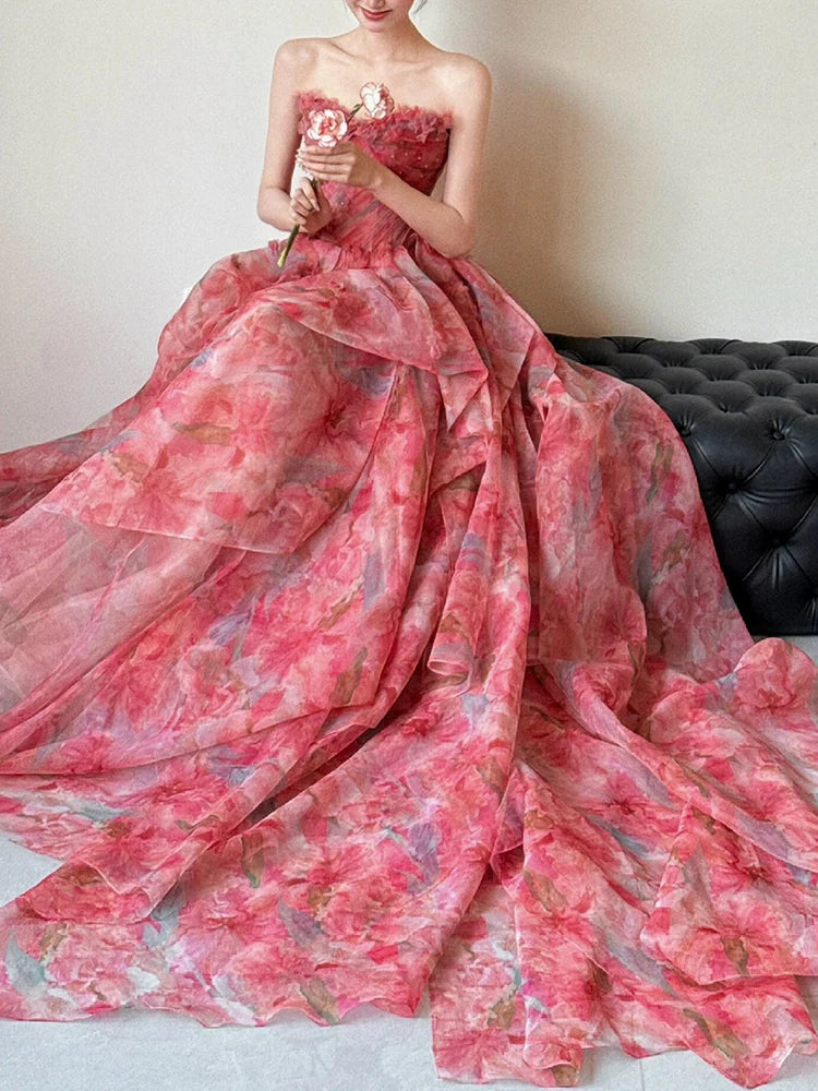 A Line Strapless Floral Print Long Prom Dress Sexy Evening Dresses