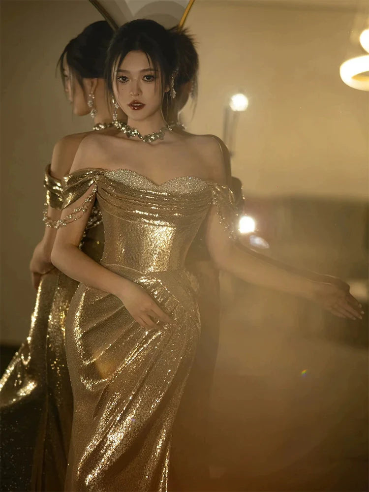 Mermaid Gold Long Prom Dress Sexy Off Shoulder Evening Dresses