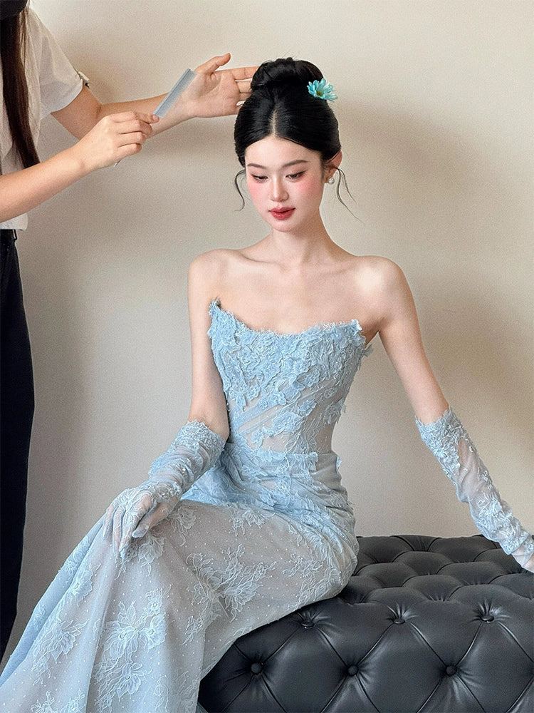 Blue Lace Mermaid Long Prom Dress Sexy Evening Dresses With Side Split