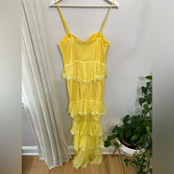 Sexy Yellow Lace Layered Slit Prom Dress Spaghetti Straps Long Party Evening Dress