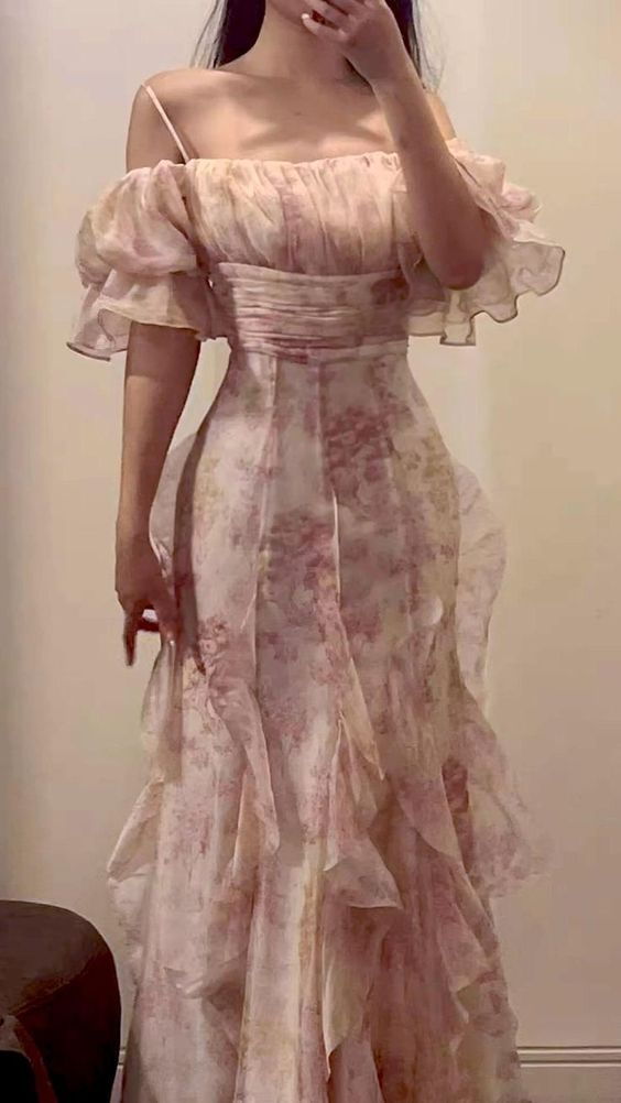 Pretty Chiffon Print Flowers Pink Prom Dress Long Party Evening Dress
