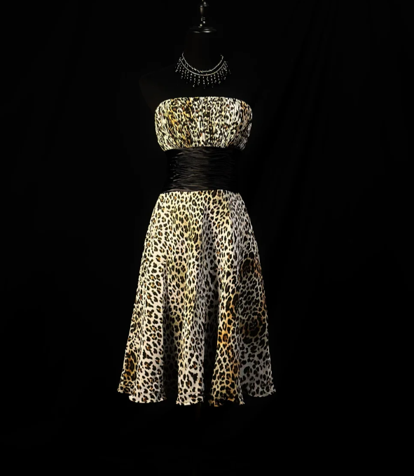 Vintage Leopard Chiffon Beaded Homecoming Dress Strapless Cocktail Dress