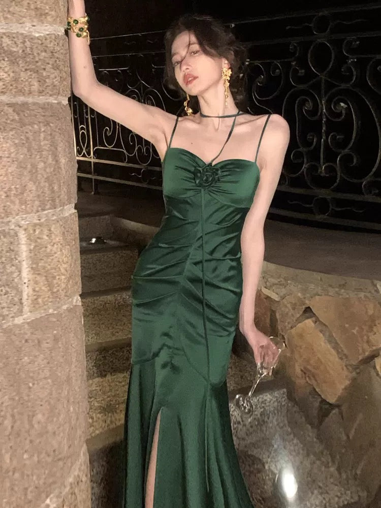 Simple Sheath Spaghetti Straps Floor Length Green Satin Prom Dresses Birthday Dress