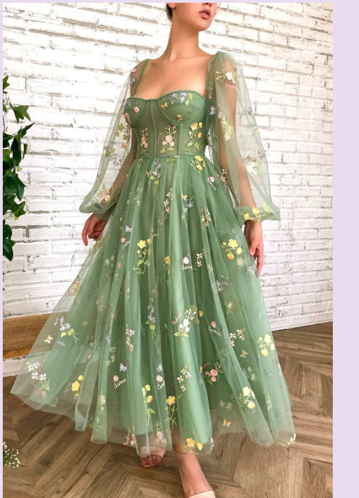 Green tulle lace short prom dress evening dress