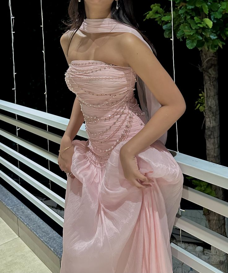 Glamorous Strapless Pink Chiffon Beaded Mermaid Long Wedding Guest Dress Evening Dress With Scarf
