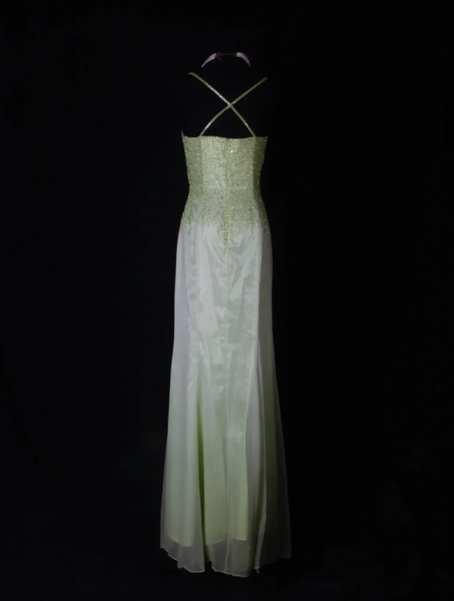 Classy Spaghetti Straps Satin Chiffon Beaded Mermaid Evening Dress Ombre Green Birthday Prom Dress