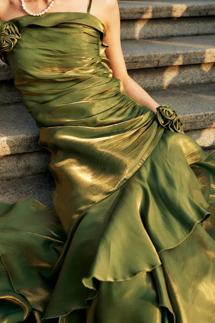 Elegant Mermaid Ruffles Spaghetti Straps Prom Dress With Flower,Formal Party Evening Dress
