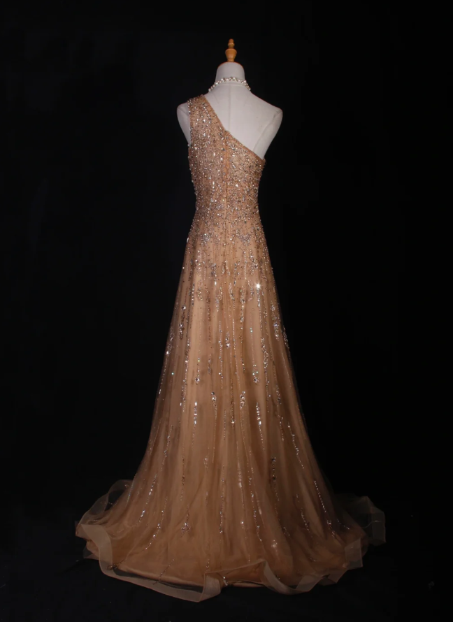 Luxury Champagne One Shoulder Tulle Sequin Beaded Mermaid Long Evening Dress 18th Birthday Outfits