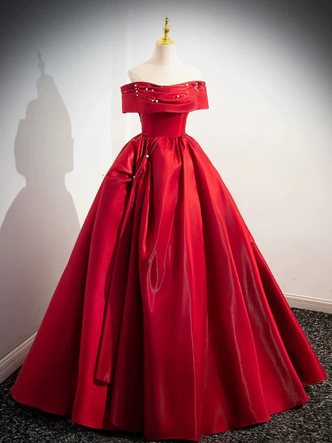 Red Satin Off Shoulder Long Prom Dress, Beautiful A Line Ball Gown