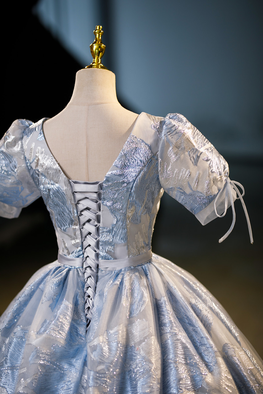 Elegant Blue Satin Print Princess Quinceanera Dress A Line Ball Gown