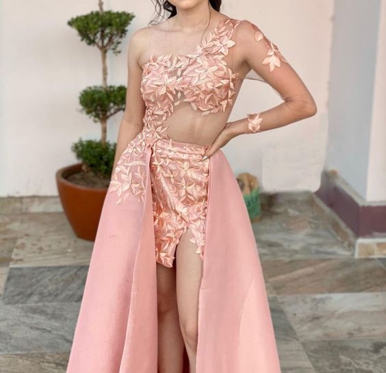Light Pink One Sleeve Charming Evening Dress Embroidered Appliques Charming Evening Dress
