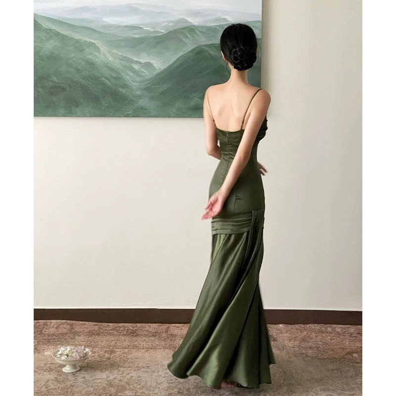Simple Sheath Spaghetti Straps Floor Length Olive Green Long Party Dresses Birthday Outfits