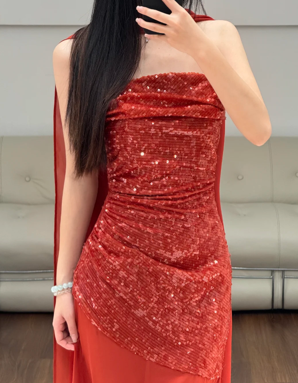 Red Sequin Prom Party Dress Evening Dress Birthday Dress