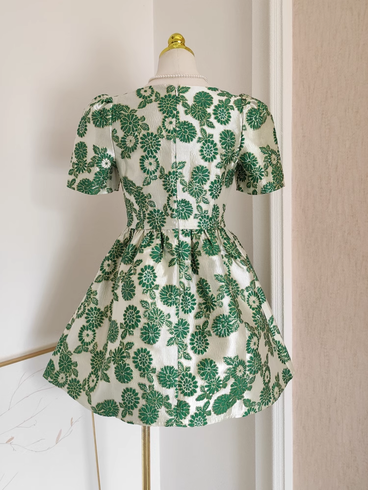 Cute A line Short Sleeves Satin Green Floral Cocktail Dress Short Birthday Outfits