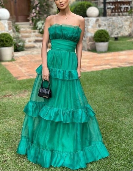 Green Strapless Tulle Layered Long Prom Dress A Line Evening Party Dress
