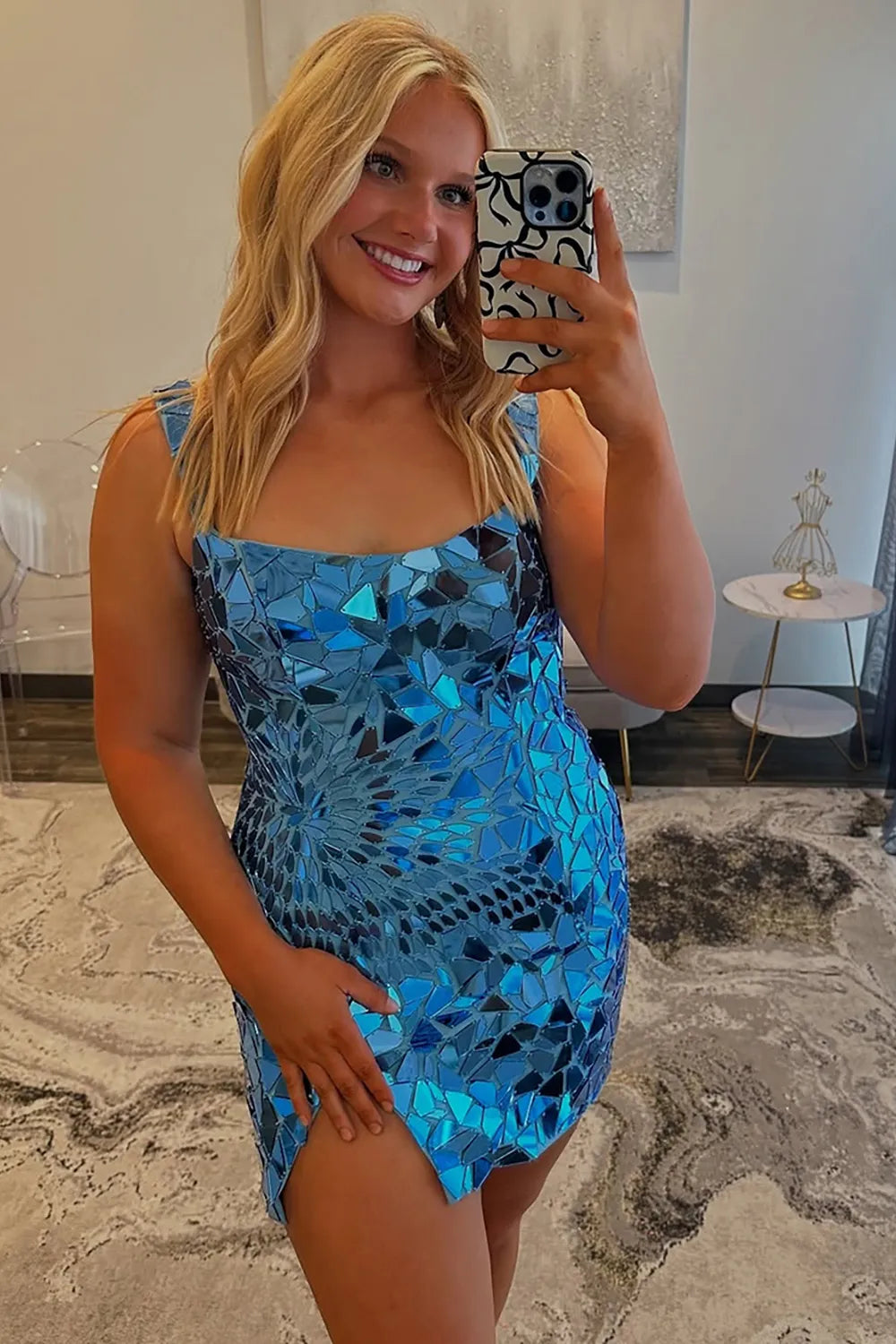 Sparkly Sheath Square Neck Blue Short Homecoming Dress with Beading