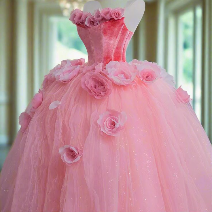 Pink Princess Ball Gown Sweet 16 Dress Fairy 3D Flowers Tulle Prom Dress Quinceanera Dress