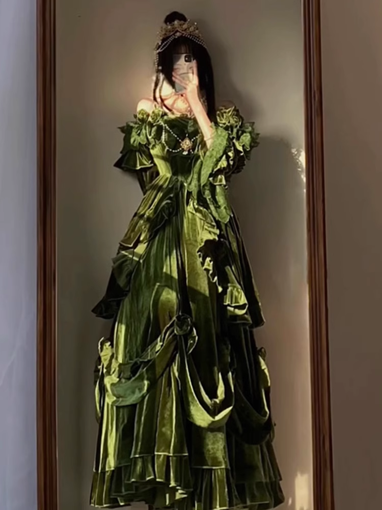 Chic Ball Gown Strapless Long Sleeves Floral Ruffles Green Prom Dresses Birthday Outfits
