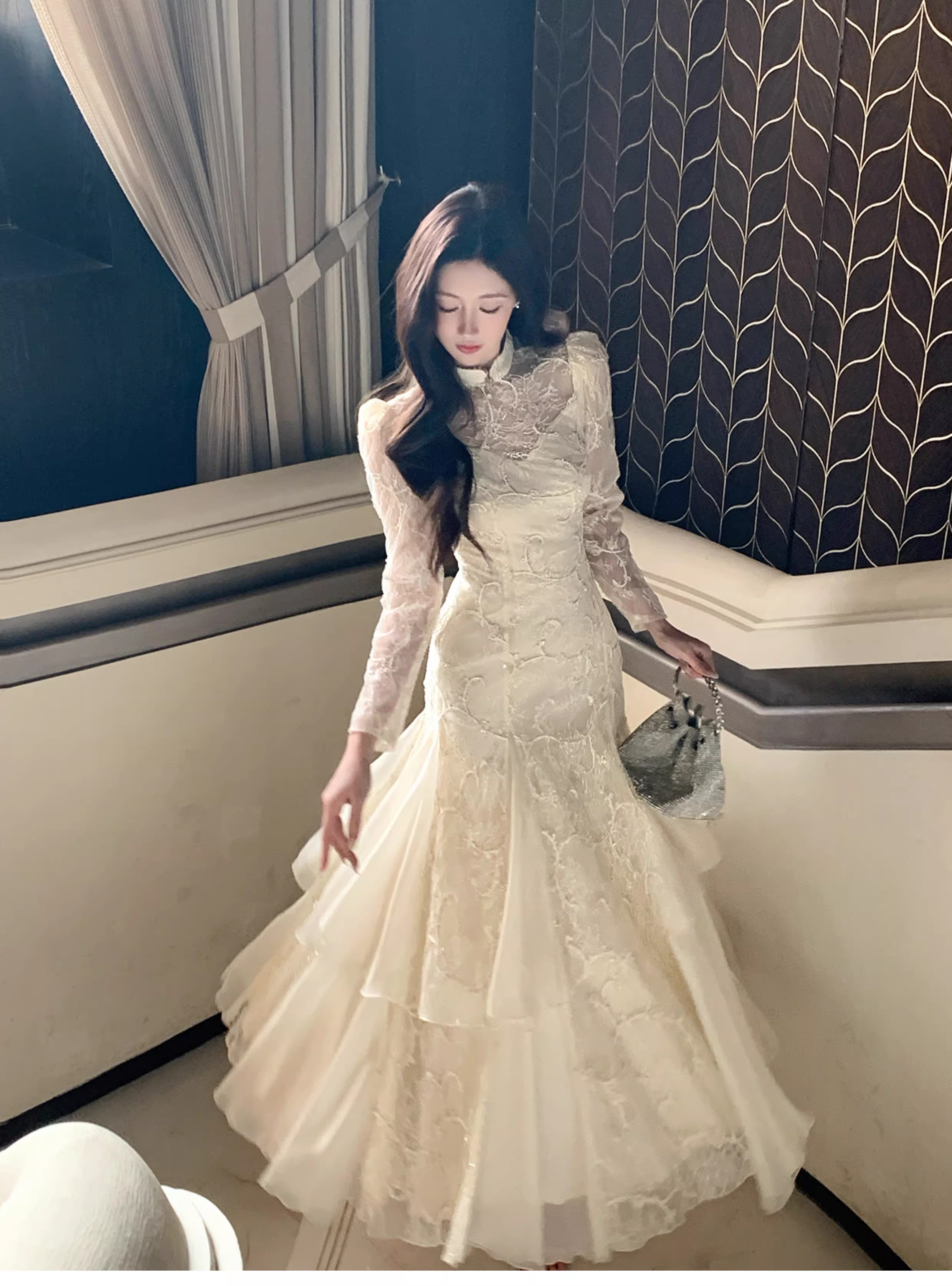 Pretty Beige Tulle Lace Mermaid Long Evening Dress Birthday Prom Dress