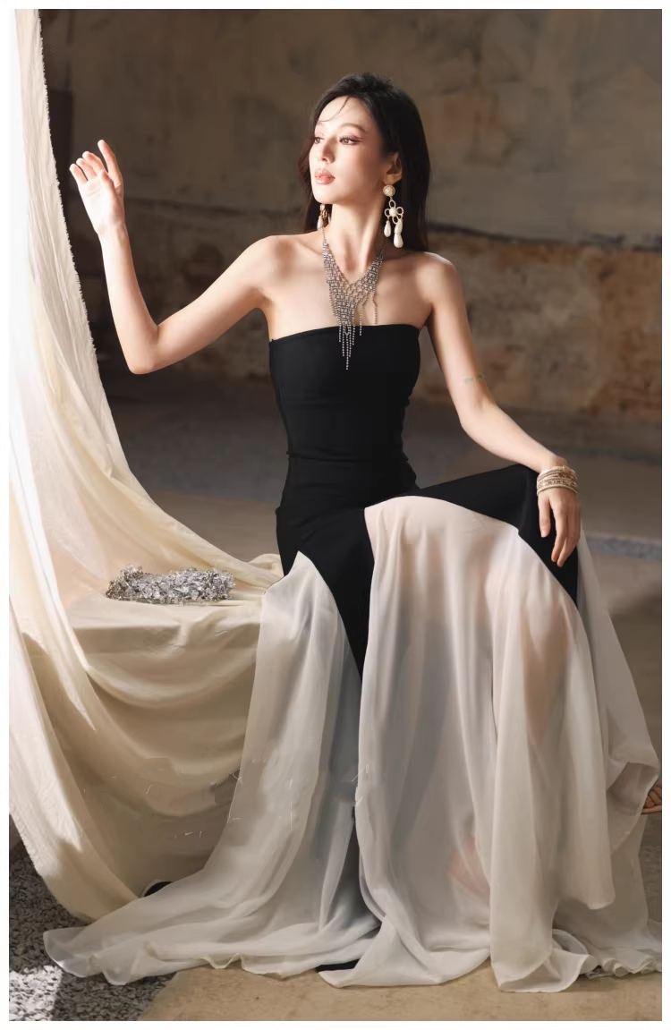Pretty Strapless Satin Chiffon Mermaid Long Evening Dress Formal 17th Birthday Outfits