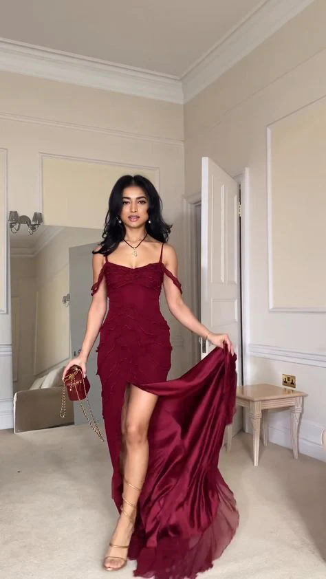Burgundy Off Shoulder Straps Multi-layered Ruffles Long Prom Dress Chiffon Evening Dress
