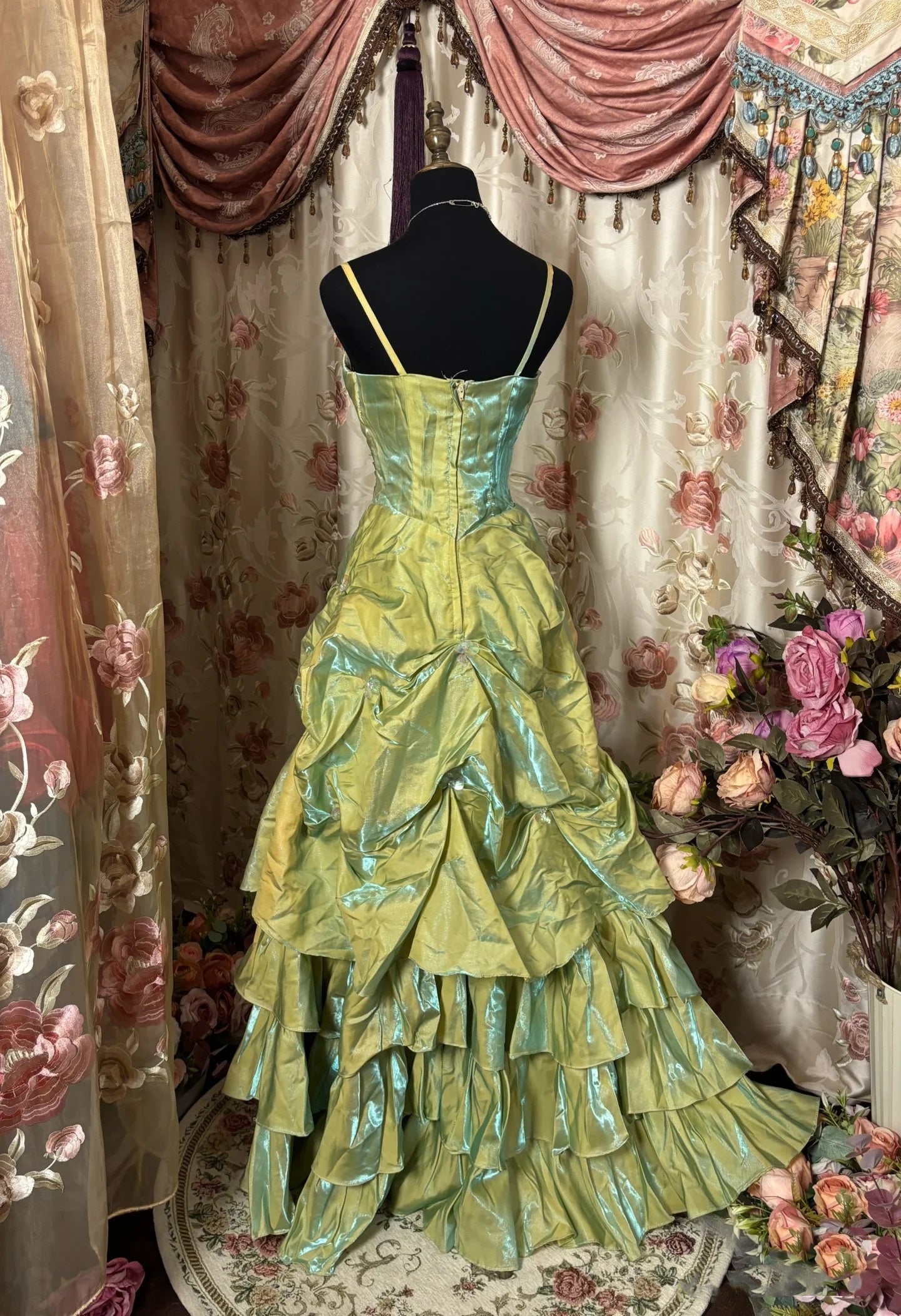 Retro Ball Gown Straps Satin Sage Green Long Party Dress Prom Dresses