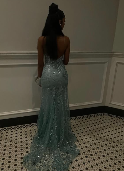 Charming Spaghetti Straps Tulle Lace Mermiad Prom Dress Blue V Neck Prom Evening Gown