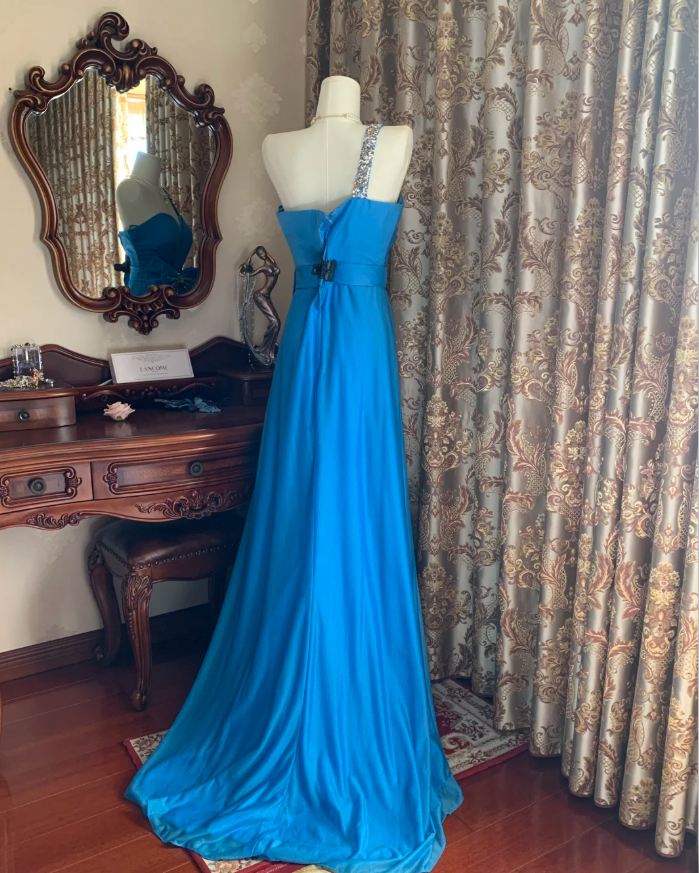 Vintage One Shoulder Blue Satin Beaded Long Wedding Guest Dress Birthday Party Dress With Bow