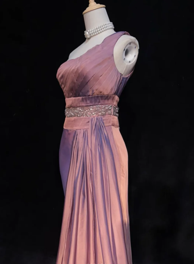 Pretty One Shoulder Pink Satin Pleated Beaded Mermaid Long Evening Dress Formal Birthday Party Dress