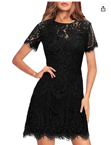 Women's Elegant Round Neck V-Back Wedding Guest Floral Lace Cocktail Party A Line Dress Black Party Dress