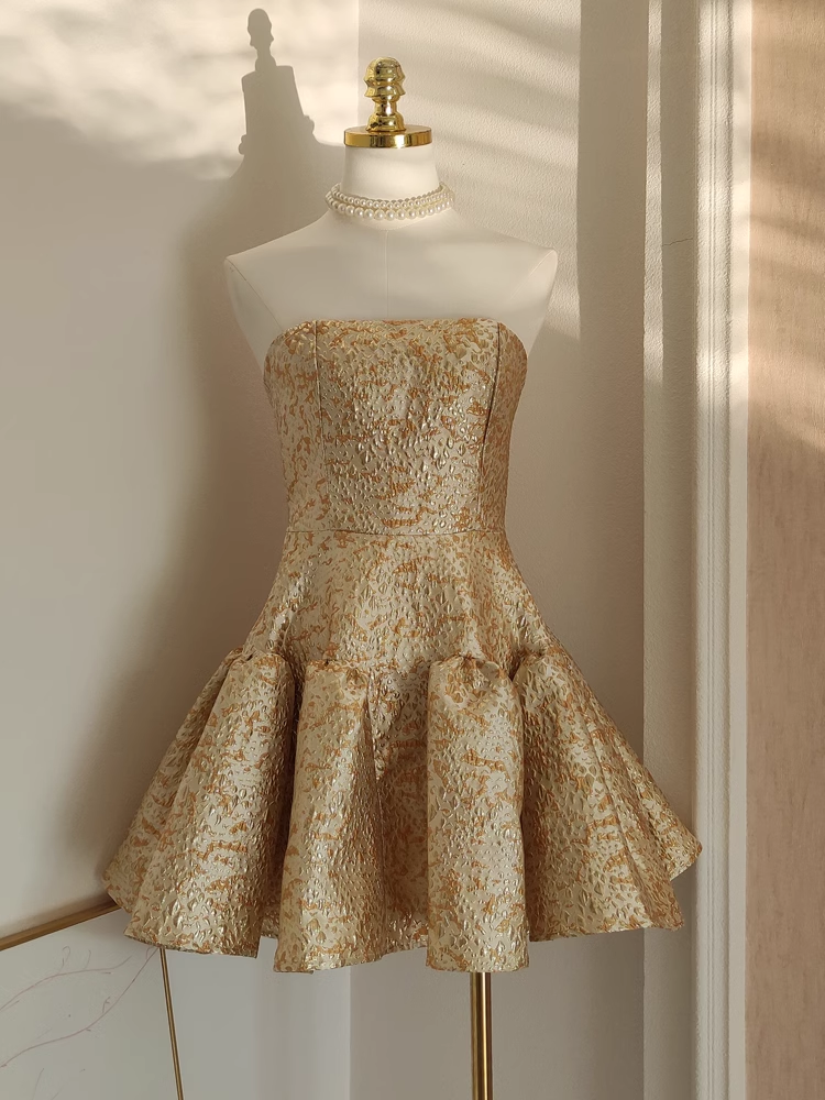 Cute Ball Gown Strapless Travel Vacation Dresses Short Satin Gold Birthday Dress