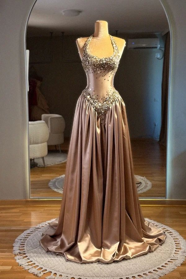 Gorgeous Halter Satin Beaded Long Evening Dress Birthday Party Dress