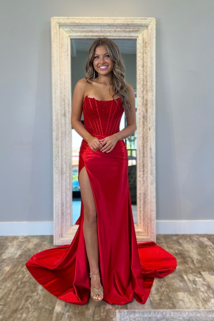 Elegant Strapless Fuchsia Lace Satin Mermaid Party Dress Slit Prom Dress