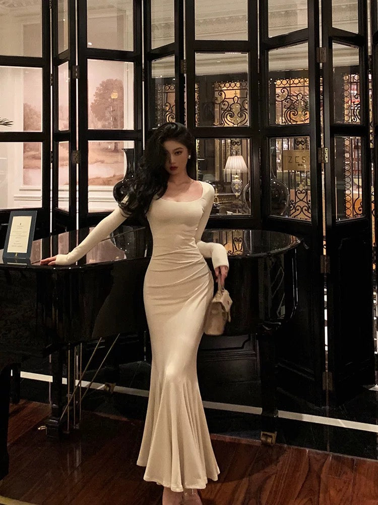 Chic Mermaid Square Neckline Long Sleeves White Long Prom Dresses Birthday Dress