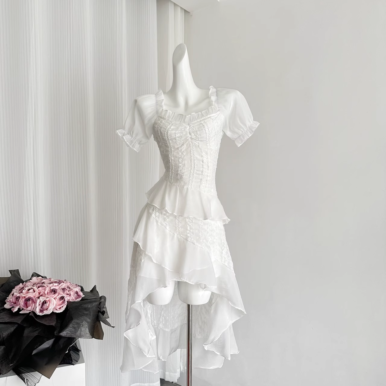 Sexy High Low Square Neckline White Lace Ruffles Dress Beach Holiday Dresses