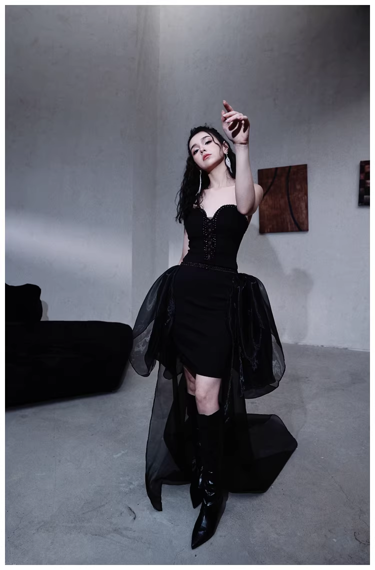 Gorgeous Black Organza Satin Beaded Long Party Dress Birthday Evening Dress