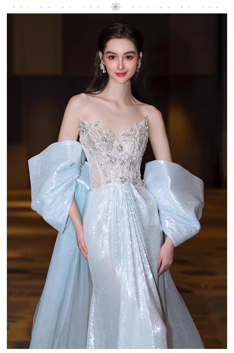 Glamorous Blue Strapless Tulle Sequin Beaded Mermaid Long Evening Dress Prom Dress