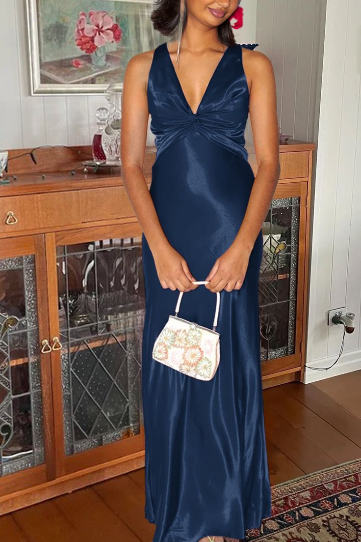 Vintage Olive Green V Neck Satin Long Prom Dress Evening Dress