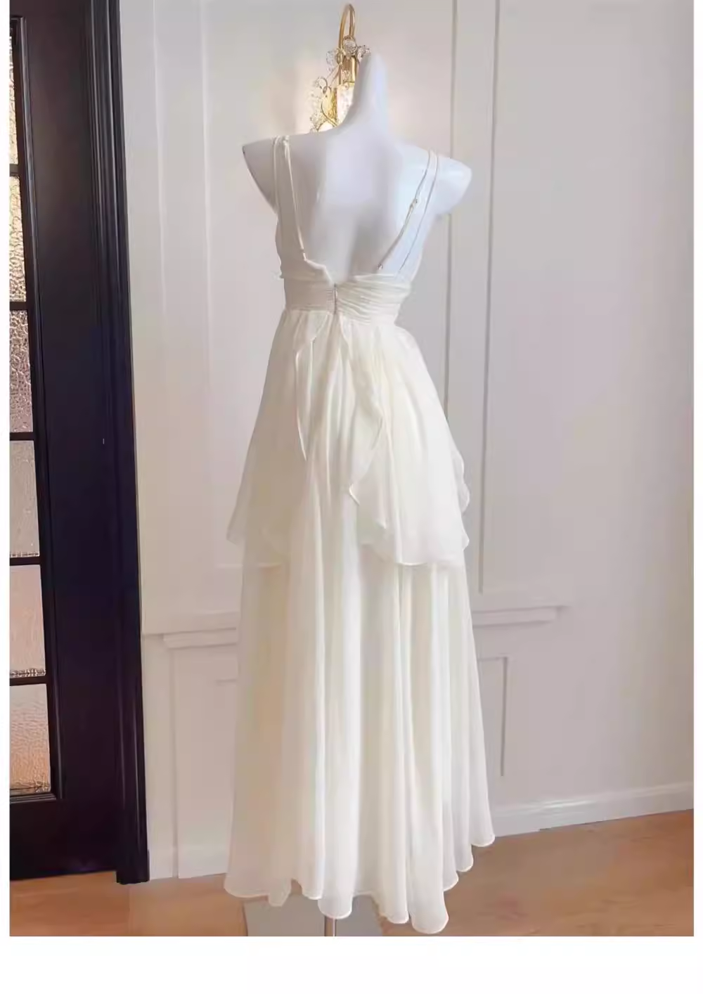 Simple A line Spaghetti Straps White Chiffon Long Ruffles Party Dresses Birthday Dress