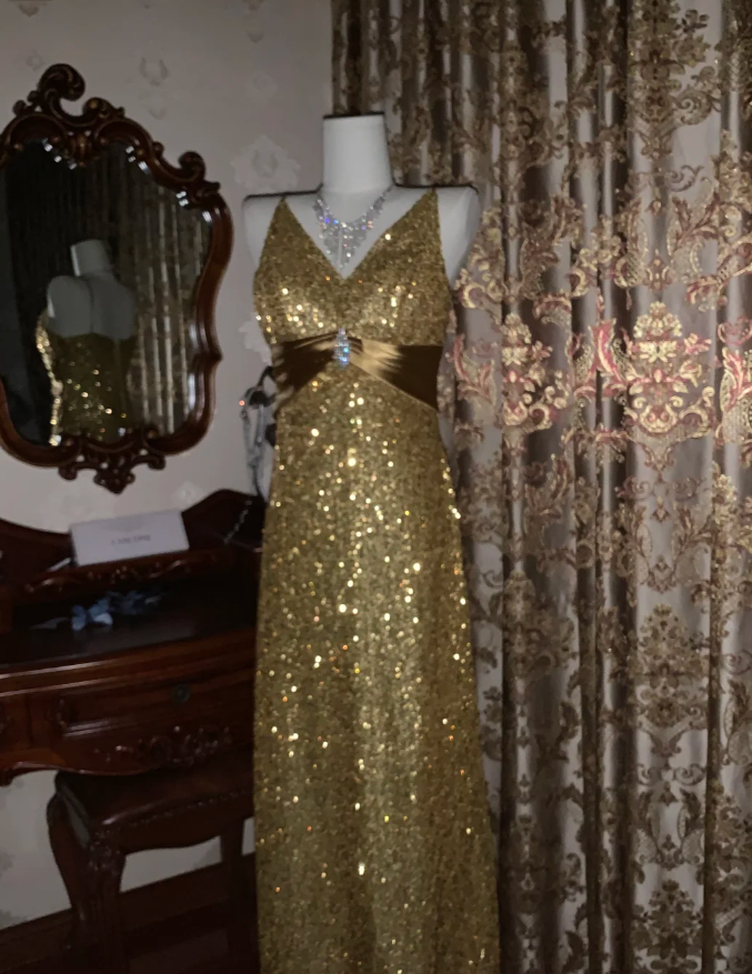 Glitter V Neck Sequin Beaded Gold Mermaid Party Dress Long Evening Dress